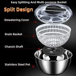 Salad Spinner Stainless Steel Large ，Press Type Salad Spinner，Kitchen Handheld Vegetable Washer Fruit Dryer Drainer Dehydrator Steel With Glass Lid，3.5L -KitchenAid Shop 51C0UYkemcL