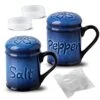 Ceramic Cute Salt And Pepper Shakers Set: 2.6 Inch Salt And Pepper Set/Sugar Salt Shaker With Handle For Counter -Resist Rusting Seasoning Shaker -Elegant Black & Blue (Set Of 2)