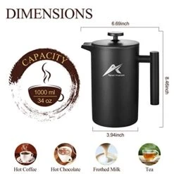 French Press Coffee Maker, 34 Oz, Stainless Steel Double-wall Insulated, With 2 Espresso Cups, Rust-Free, Dishwasher Safe, Black -KitchenAid Shop 51DmlRTcLcL