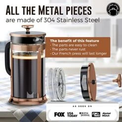 Press French Press Coffee Maker With 2 Extra Screens, 34oz, French Press Stainless Steel 304 Grade, Easy Disassemble Design Double Filter, Thick Heat Resistant Glass Pot (Copper)
