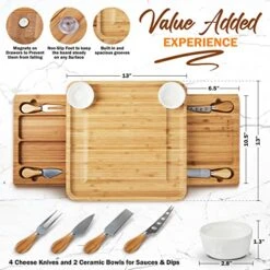 Large Charcuterie Board Set With 4x Cheese Knives, 2x Ceramic Bowls - 13x 13 Inch Bamboo Charcuterie Boards - Magnet Drawers - Bachelor Party Gift, Anniversary, Wedding Gifts For Couples - Wine It Now -KitchenAid Shop 51EFu6ogpEL