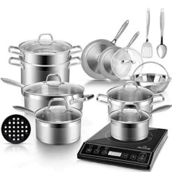 Bundle 9100MC 1800W Portable Induction Cooktop, Induction Burner With 18PC Professional Stainless Steel Induction Cookware Set Saucepan With Pour Spout And Strainer Lid, Impact-Bonded Technoloy