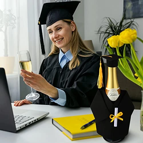 6 Pieces Graduation Wine Coat Bottle Covers Sets, Felt Graduation Gown And Bottle Toppers Doctoral Cap With Tassels Suit For Wine Or Champagne Bottle, Wine Gift Bags For Graduation Party Decor (Black) 4 6 Pieces Graduation Wine Coat Bottle Covers Sets, Felt Graduation Gown And Bottle Toppers Doctoral Cap With Tassels Suit For Wine Or Champagne Bottle, Wine Gift Bags For Graduation Party Decor (Black) - Image 2