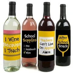 Big Dot Of Happiness Best Teacher Gift - Teacher Appreciation First And Last Day Of School Gift For Women And Men - Christmas Wine Bottle Label Stickers - Set Of 4