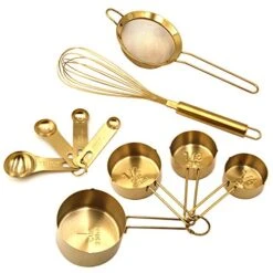 10 Piece Gold Cooking And Baking Utensil Set Stainless Steel: 4 Pcs Measuring Cups, 4 Pcs Measuring Spoons, 12" L Whisk, 4" W Flat Fine Mesh Strainer Sieve