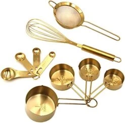 10 Piece Gold Cooking And Baking Utensil Set Stainless Steel: 4 Pcs Measuring Cups, 4 Pcs Measuring Spoons, 12" L Whisk, 4" W Flat Fine Mesh Strainer Sieve -KitchenAid Shop 51FQwz4cI6L. AC