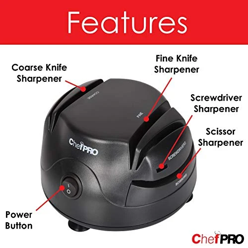 3-In-1 ELECTRIC KNIFE SHARPENER SYSTEM By ChefPRO, Great For Kitchen And Sport Knives, Scissors, Screwdrivers, 2-Stage Sharpening System Appliance, Compact Quick, Easy Design, Retractable Cord, Black 3 3-In-1 ELECTRIC KNIFE SHARPENER SYSTEM By ChefPRO, Great For Kitchen And Sport Knives, Scissors, Screwdrivers, 2-Stage Sharpening System Appliance, Compact Quick, Easy Design, Retractable Cord, Black