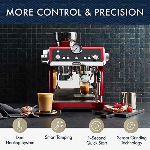 De'Longhi EC9335R La Specialista Espresso Machine With Sensor Grinder, Dual Heating System, Advanced Latte System & Hot Water Spout For Americano Coffee Or Tea, Stainless Steel,67.6 Oz, Red 4 De'Longhi EC9335R La Specialista Espresso Machine With Sensor Grinder, Dual Heating System, Advanced Latte System & Hot Water Spout For Americano Coffee Or Tea, Stainless Steel,67.6 Oz, Red - Image 2