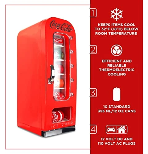 Coca-Cola Exclusive New Retro Vending Machine Style 10 Can Mini Fridge, 12V DC/110V AC With Tall Window Display For Home, Dorm, Office, Games Room 5 Coca-Cola Exclusive New Retro Vending Machine Style 10 Can Mini Fridge, 12V DC/110V AC With Tall Window Display For Home, Dorm, Office, Games Room - Image 3