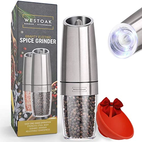 Gravity Electric Pepper Grinder Or Salt Mill | White LED Light | Easy One-Handed Automatic Use | Battery Powered | Adjustable Coarseness | Brushed Stainless Steel | By Westoak 3 Gravity Electric Pepper Grinder Or Salt Mill | White LED Light | Easy One-Handed Automatic Use | Battery Powered | Adjustable Coarseness | Brushed Stainless Steel | By Westoak
