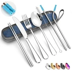 Portable Travel Utensils Silverware Set With Case,Reusable Trave Stainless Steel Camping Cutlery Set With Chopsticks And Straw, Portable Flatware With Case For Office School Picnic BF(Silver)
