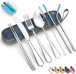 Portable Travel Utensils Silverware Set With Case,Reusable Trave Stainless Steel Camping Cutlery Set With Chopsticks And Straw, Portable Flatware With Case For Office School Picnic BF(Silver) -KitchenAid Shop 51H3I5agZgL. AC