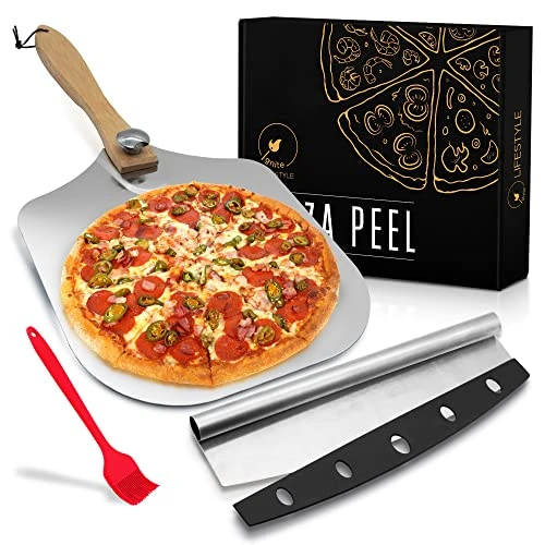 Gnite Lifestyle Pizza Peel Set - Pizza Spatula 12"x14" + Pizza Rocker Cutter + Pastry Brush - Aluminum Metal Pizza Peel 12 Inch W/Foldable Wood Handle For Easy Storage-Homemade For Pizza/Baking/Bread 3 Gnite Lifestyle Pizza Peel Set - Pizza Spatula 12"x14" + Pizza Rocker Cutter + Pastry Brush - Aluminum Metal Pizza Peel 12 Inch W/Foldable Wood Handle For Easy Storage-Homemade For Pizza/Baking/Bread