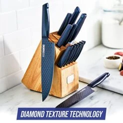 Sharp Stone Nonstick Stainless Steel Cutlery, 14 Piece Wood Knife Block Set With Chef Steak Knives And More, Diamond Texture Blade, Dishwasher Safe Knives, Blue -KitchenAid Shop 51HoymjYmmL