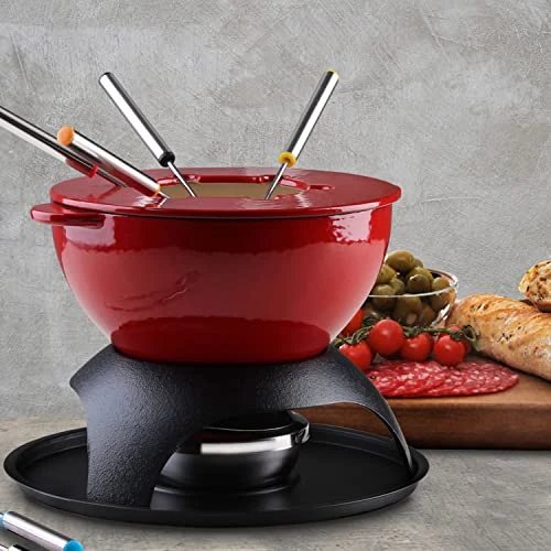 Artestia 11-Piece Cast Iron Fondue Set With Adjustable Burner 6 Colored Forks, 5-Cup Red Cheese Fondue Pot, Perfect For Chocolate, Caramel, Meat, 4-6 Person 7 Artestia 11-Piece Cast Iron Fondue Set With Adjustable Burner 6 Colored Forks, 5-Cup Red Cheese Fondue Pot, Perfect For Chocolate, Caramel, Meat, 4-6 Person - Image 5