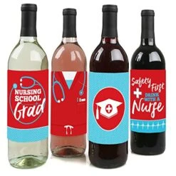 Big Dot Of Happiness Nurse Graduation - Medical Nursing Graduation Party Decorations For Women And Men - Wine Bottle Label Stickers - Set Of 4