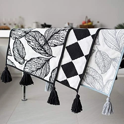 Black And White Diamond Woven Table Runner - 14 X 71 Inch Checker Runner Table Centerpiece For Dining Home Decor, Indoor Parties, Holiday Events Tassel Table Runner 6 Black And White Diamond Woven Table Runner - 14 X 71 Inch Checker Runner Table Centerpiece For Dining Home Decor, Indoor Parties, Holiday Events Tassel Table Runner - Image 4