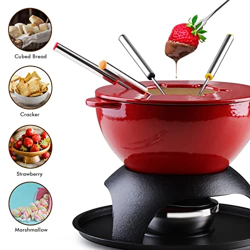 Artestia 11-Piece Cast Iron Fondue Set With Adjustable Burner 6 Colored Forks, 5-Cup Red Cheese Fondue Pot, Perfect For Chocolate, Caramel, Meat, 4-6 Person 5 Artestia 11-Piece Cast Iron Fondue Set With Adjustable Burner 6 Colored Forks, 5-Cup Red Cheese Fondue Pot, Perfect For Chocolate, Caramel, Meat, 4-6 Person - Image 3