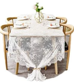 60x120 Inch Gorgeous White Lace Tablecloth Overlay Rose Vintage Embroidered, Romantic Boho Wedding Reception Table Decor, Baby & Bridal Shower Décor, Elegant Chic Outdoor Tea Party Tablecover