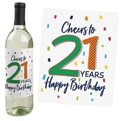 21st Birthday - Cheerful Happy Birthday - Colorful Twenty-First Birthday Party Decorations For Women And Men - Wine Bottle Label Stickers - Set Of 4
