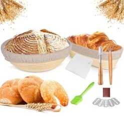Banneton Bread Proofing Basket Set Of 2, 10 Inch Round & Oval Cane Sourdough Proofing Basket With Bread Baking Supplies-Bread Lame, Danish Whisk, Bowl Scraper & Dough Scraper, Wonderful Gift For Bakers