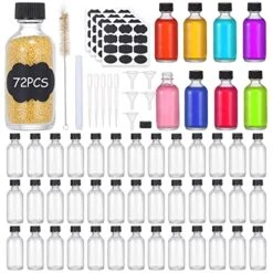 (Pack Of 72) 2oz Small Clear Glass Bottles(60ml) With Lids Boston Round Travel Bottles For Vanilla Hot Sauce Juice Whiskey Liquid Come With 72 Labels,5 Funnels,5 Droppers,1 Brush&Chalk Marker