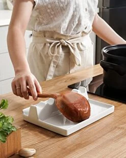 Eramic Spoon Rest For Stove Top, Spoon And Lid Rest For Kitchen Counter, Spoon Holder With Drip Pad For Multiple Utensils, Heat-Resistant, Housewarming Gift - 9 Inch, Set Of 1, White -KitchenAid Shop 51LtnlhyKFL
