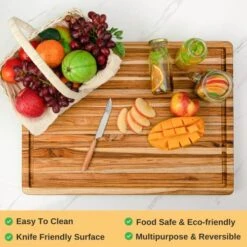 Teak Wood Cutting Board With Juice Groove Hand Grip, Large Wooden Cutting Boards For Kitchen, Chopping Board Wood, Mothers Day Gifts, 1 Year Manufactuer Warranty (L, 22"L X 16"W X 1.25"Th) -KitchenAid Shop 51M1rJjMzGL