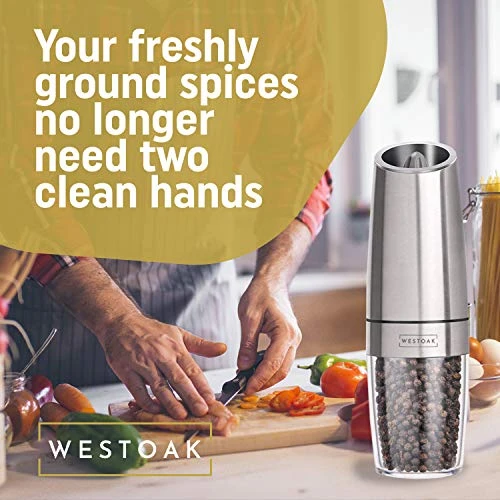 Gravity Electric Pepper Grinder Or Salt Mill | White LED Light | Easy One-Handed Automatic Use | Battery Powered | Adjustable Coarseness | Brushed Stainless Steel | By Westoak 4 Gravity Electric Pepper Grinder Or Salt Mill | White LED Light | Easy One-Handed Automatic Use | Battery Powered | Adjustable Coarseness | Brushed Stainless Steel | By Westoak - Image 2