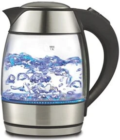 1.8L Cordless Glass Electric Hot Water Tea Kettle Blue LED Stainless Steel (60 Oz, Black)
