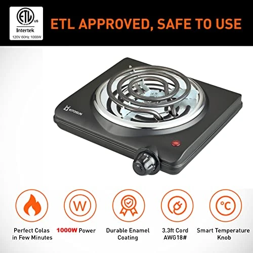 Electric Charcoal Burner - Single Coil Hot Plate Charcoal Starter Cooking Heater Stainless With Steel Grill ETL Certified Countertop Cooktop For Home Kitchen BBQ RV 4 Electric Charcoal Burner - Single Coil Hot Plate Charcoal Starter Cooking Heater Stainless With Steel Grill ETL Certified Countertop Cooktop For Home Kitchen BBQ RV - Image 2
