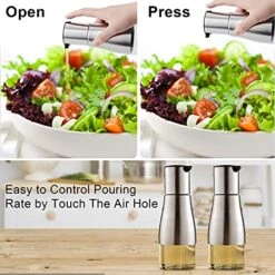 2 Pack Silver Olive Oil And Vinegar Dispenser Set, 10OZ Oil Dispenser Cruet With Easy & Drip Free Pouring, Elegant Stainless Steel With Glass Bottom