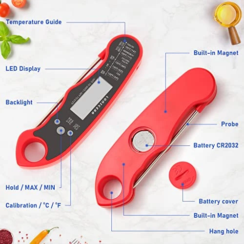 Onicera Digital Meat Thermometer With Foldable Probe, Backlight & Calibration. Waterproof & Instant Read For Kitchen Food Cooking Baking Candy Liquid (Red) 9 Onicera Digital Meat Thermometer With Foldable Probe, Backlight & Calibration. Waterproof & Instant Read For Kitchen Food Cooking Baking Candy Liquid (Red) - Image 7