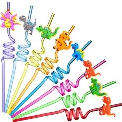 24 Pieces Reusable Dinosaur Straws Plastic Dinosaur Straws For Kids Safari Jungle Dinosaur Theme Straws For Dinosaur Party Decoration Supplies Birthday Party Favors, 8 Styles