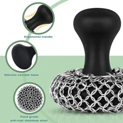 Cast Iron Scrubber + Pan Scraper, Upgraded Cast Iron Cleaner With Ergonomic Handle, Chainmail Scrubber For Cast Iron Pans And Skillets, Dishwasher Safe (Black, 1 Scrubber + 1 Scraper)