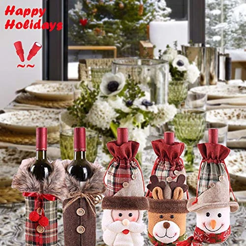 Holiday/Christmas Wine Bottle Decors/Bags Set Of 7: Checkers & Herringbone Decors With Faux Fur Collar; Santa Clause, Snowman & Reindeer Drawstring Bags; Bottle Stoppers Silicone Christmas Decor Gift 7 Holiday/Christmas Wine Bottle Decors/Bags Set Of 7: Checkers & Herringbone Decors With Faux Fur Collar; Santa Clause, Snowman & Reindeer Drawstring Bags; Bottle Stoppers Silicone Christmas Decor Gift - Image 5