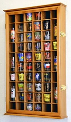 54 Shot Glass Shotglass Shooter Display Case Holder Cabinet Wall Rack W/UV Protection -Oak