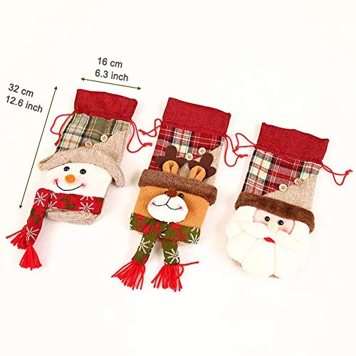 Holiday/Christmas Wine Bottle Decors/Bags Set Of 7: Checkers & Herringbone Decors With Faux Fur Collar; Santa Clause, Snowman & Reindeer Drawstring Bags; Bottle Stoppers Silicone Christmas Decor Gift 4 Holiday/Christmas Wine Bottle Decors/Bags Set Of 7: Checkers & Herringbone Decors With Faux Fur Collar; Santa Clause, Snowman & Reindeer Drawstring Bags; Bottle Stoppers Silicone Christmas Decor Gift - Image 2