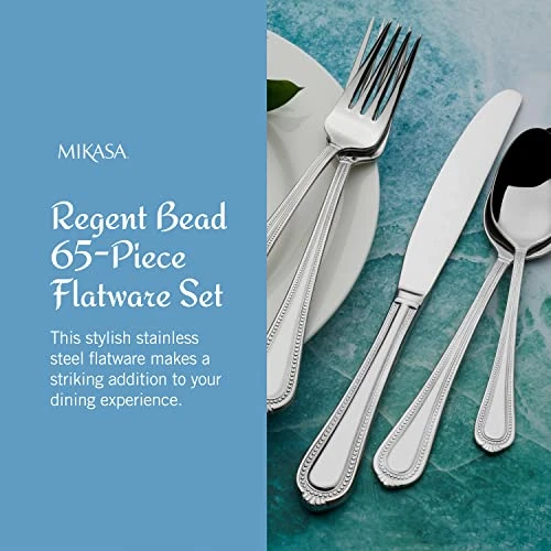 MIKASA Regent Bead 65 Piece Silverware Set, 18.10 Polished Mirror Stainless Steel, Service For 12 With Serving Set 5 MIKASA Regent Bead 65 Piece Silverware Set, 18.10 Polished Mirror Stainless Steel, Service For 12 With Serving Set - Image 3