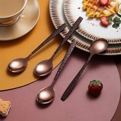Tea Spoon Set Of 4 With Moon Surface Handle And Shiny Rose Gold Head, Stainless Steel Teaspoons Tea Spoons Copper Silverware Set Small Spoons Coffee Spoons