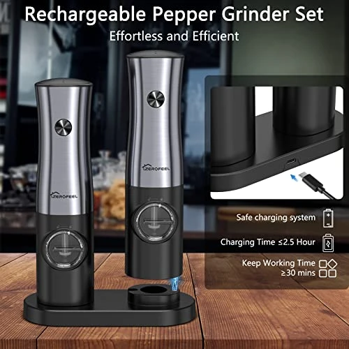 Electric Salt And Pepper Grinder Set - Rechargeable Pepper Grinder Set With Large Capacity, Adjustable Coarseness And Charging Base - Stainless Steel Pepper Mill Set With White Light 5 Electric Salt And Pepper Grinder Set - Rechargeable Pepper Grinder Set With Large Capacity, Adjustable Coarseness And Charging Base - Stainless Steel Pepper Mill Set With White Light - Image 3
