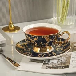 Euro Style Bone China Cup& Saucer Set, Ceramic Tea Coffee Cup For Home Kitchen Wedding (Retro Flower Pattern- Dark Blue) -KitchenAid Shop 51Q44YbbreL