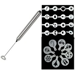 ® Stainless Steel Electric Milk Frother Handheld Coffee Foam Maker Whisk Battery Operated + 2 Sets Cappuccino Coffee Stencils Template Strew Flowers Pad Duster Spray Art