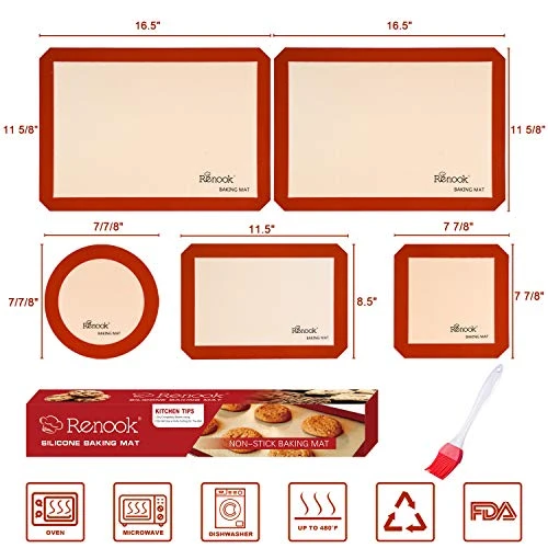ENOOK Silicone Baking Mats Set Of 5, BPA-free Grade Food Baking Mat, 100% Non-Stick Reusable Food Safe Liners & Silicone Brush- Macaron, Pastry, Cookie. 3 ENOOK Silicone Baking Mats Set Of 5, BPA-free Grade Food Baking Mat, 100% Non-Stick Reusable Food Safe Liners & Silicone Brush- Macaron, Pastry, Cookie.