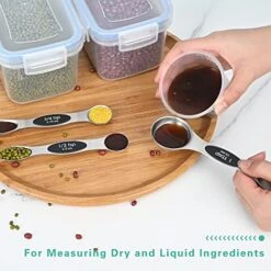 Measuring Spoons, 8 Sets Magnetic Measuring Spoons Dual Sided Stainless Steel Measuring Spoons Stackable Nesting Tablespoon Teaspoon, Fits In Spice Jars, For Dry Or Liquid Ingredients (Black)