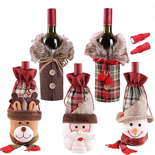Holiday/Christmas Wine Bottle Decors/Bags Set Of 7: Checkers & Herringbone Decors With Faux Fur Collar; Santa Clause, Snowman & Reindeer Drawstring Bags; Bottle Stoppers Silicone Christmas Decor Gift 3 Holiday/Christmas Wine Bottle Decors/Bags Set Of 7: Checkers & Herringbone Decors With Faux Fur Collar; Santa Clause, Snowman & Reindeer Drawstring Bags; Bottle Stoppers Silicone Christmas Decor Gift
