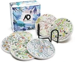 Set Of 6 Coasters With Holder For Drinks Absorbing Round Ceramic Stone Coaster With Cork Base,Tabletop Protection Mat For Mugs And Cups,Office,Kitchen (Colorful With Holder) -KitchenAid Shop 51R2En H3L. AC