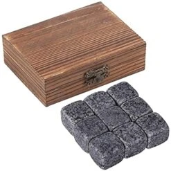 Pure Soapstone Chilling Rocks In Wooden Box - Beverage Ice Stones For Home Bar Accessories And Wine Chilling Cubes