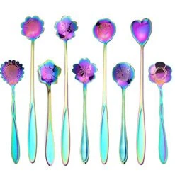 9 Pcs Flower Spoon Coffee Teaspoon Set, ESRISE Stainless Steel Tea Spoon Dessert Spoon, Cute Demitasse Scoop For Stirring Drink Mixing Milkshake Jam (Multi)
