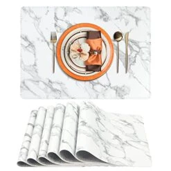Faux Leather Heat Resistant Placemats For Dining Table Set Of 6, Waterproof Wipeable Washable PU Table Mats,Marble White/Grey